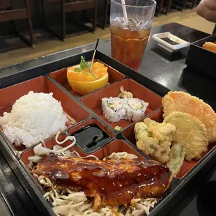 Salmon Bento Box Lunch Special and their flavorful iced tea.