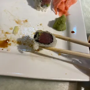 Tuna and "avocado" roll. It's maybe a quarter wide, very little rice.