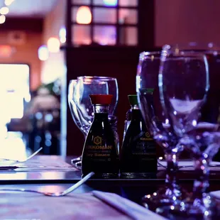 empty wine glasses on a table in a restaurant