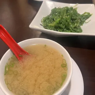Miso soup, seaweed salad