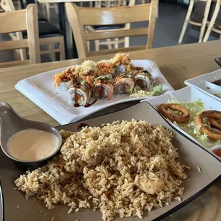 Chicken fried rice Fried tempura  Volcano roll Out of control roll