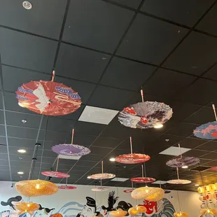 umbrellas hanging from the ceiling