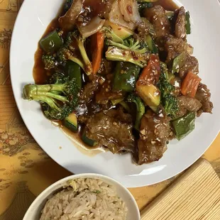 Szechuan beef with fried rice ($1 up charge for fried rice)