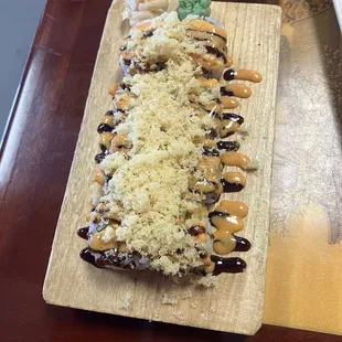 California Roll with eel sauce, spicy mayo, and crunchies added ($6.50)