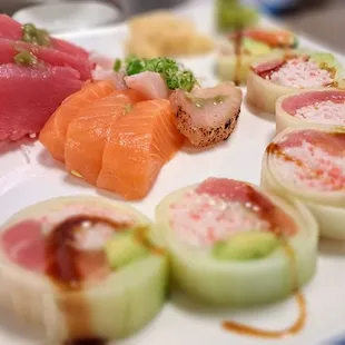 Sashimi and cucumber rolls.