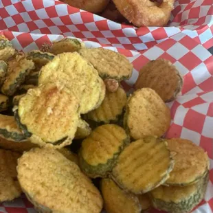 fried pickles &amp; onion rings - yum