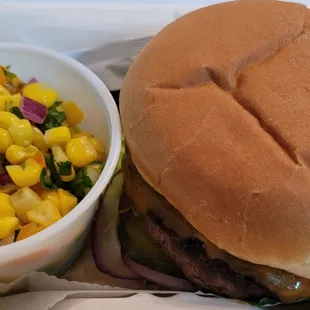 Corn Salad and Buffalo Burger