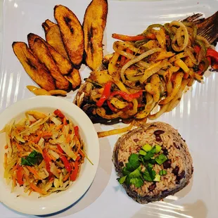 Jamaican Escovitch Fish with rice n Peas, steam cabbage &amp; plantain