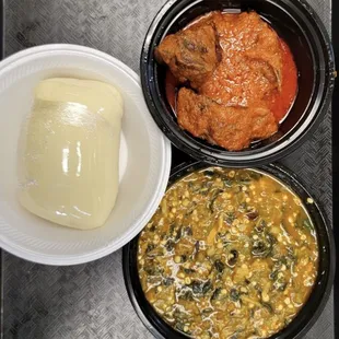 Fufu and okro with goat meat