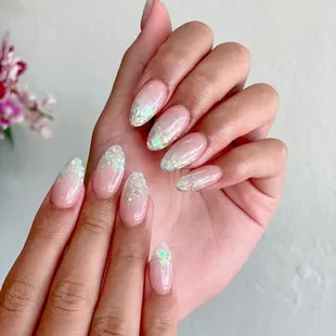 Custom Nails, Ombré Glitter Nails, Acrylic Full Set, Almond Shape