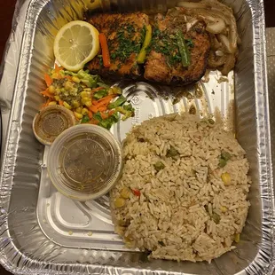 This is the salmon. Seasoned brown rice w/ veggies.