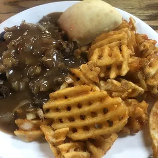 Hamburger steak with waffle fries