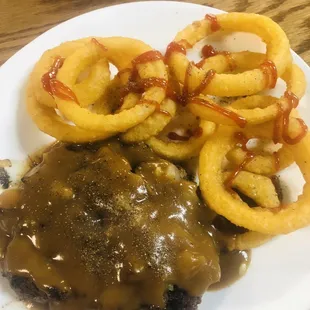 Hamburger steak and onion rings meal