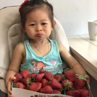 My daughter gobbling down the strawberries we just bought. Don&apos;t worry, they don&apos;t spray chemicals and the ones she&apos;s eating are washed!