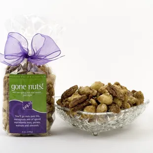 a bag of nuts and a bowl of nuts