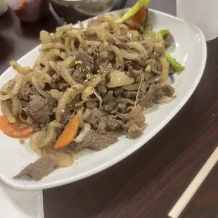 Beef bulgogi. Looks nothing like the photo they show. $16.95