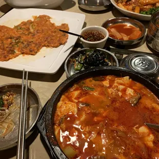 Yum...kimchi pancakes and tofu stew