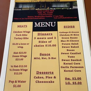 the menu for the restaurant