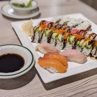 Yellow fin, salmon, rainbow roll, and spicy tuna roll
