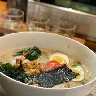 House Ramen and whiskey flight