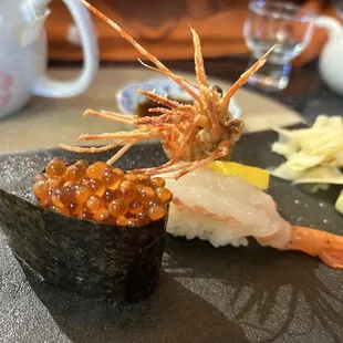 Ikura and amaebi with fried shrimp head