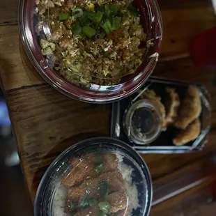 Pork belly fried rice, chicken katsu Donburi, Fried Dumplings