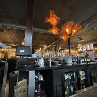 a view of a bar with fish lamps hanging from the ceiling