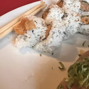 Spicy Salmon Roll and Mechanics roll. The salmon in these rolls was not salmon.