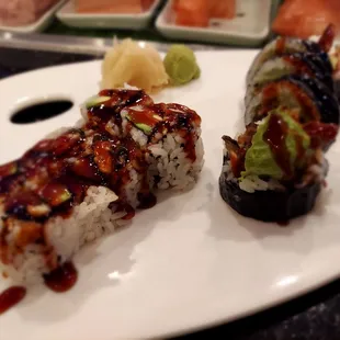 Eel Avocado Roll (left) and Salmon Skin Roll (right)