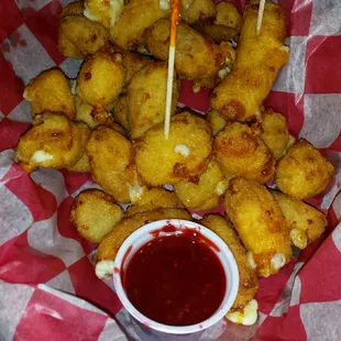 Cheese curds with chipotle raspberry sauce!