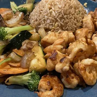 Hibachi shrimp with veggies and fried rice