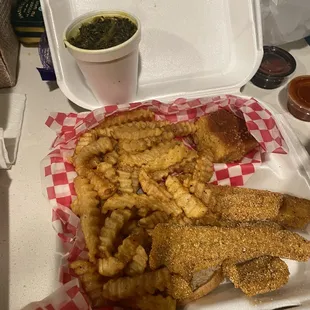 Greens fried fish and cornbread