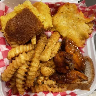 Mac and cheese wings fries cornbread