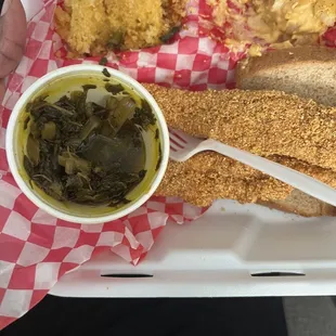 Tender Greens, Excellent seasoned fried Fish, Mac-Kin Macaroni and cheese and Super moist perfect flavor cornbread.
