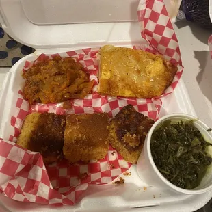Yams Mac and cheese cornbread and greens