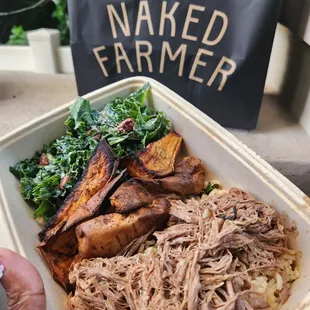 Pork bowl with rice, maduros and salad