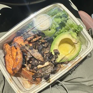 Mushrooms sweet potatoes with kale caesar and avocado