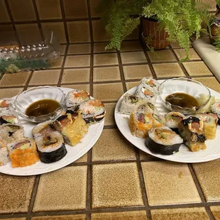 We put a couple of each roll with soy wasabi mix on each plate.
