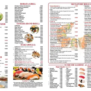 menu, sushi and sashimi