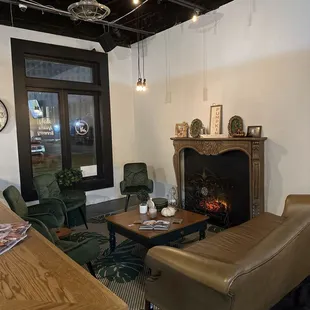 a living room with a fireplace