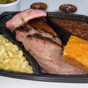 2 Two Meat Platter: Ribs and sliced Brisket w/ Mac And Cheese, Beans, Cornbread &amp; broccoli