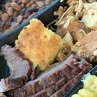 2 Meat Platter: beans, brisket, pulled chicken, mac and cheese