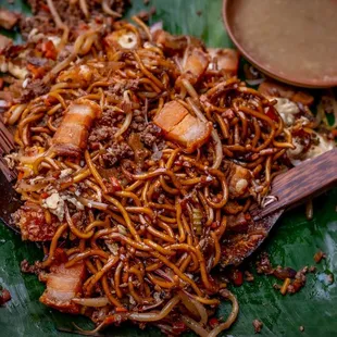 Pancit Batil Patong- wangyu ground beef, egg noodles, chicharron.