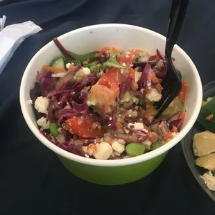 California Salad. added: red onion &amp; purple slaw &amp; feta.