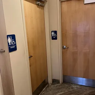 Single stall gendered restrooms- at least the women&apos;s has a changing table