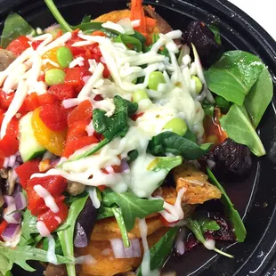 chicken blackened, beets, carrots, mandarins, onion, edamame, peppers, mushrooms and chicken broth. Black end chicken too salty.