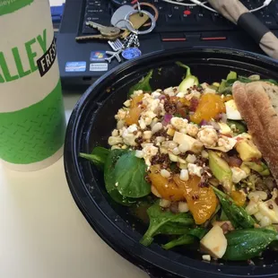 Custom bowl with baby spinach, broccoli, asparagus, Caribbean jerk chicken, red quinoa, red onion, sweet potato &amp; chicken broth.