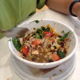 This is a rice bowl with my choice of healthy veg