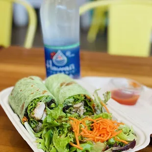 Ahi Tuna wrap &amp; salad, sweet Sriracha house sauce.