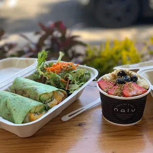 Breakfast wrap and acai bowl